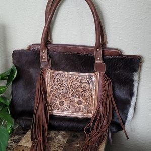 NWT American Darling tooled leather, fringe, hair-on tote.